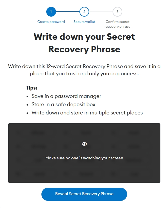 Reveal the secret recovery phrase and write it down