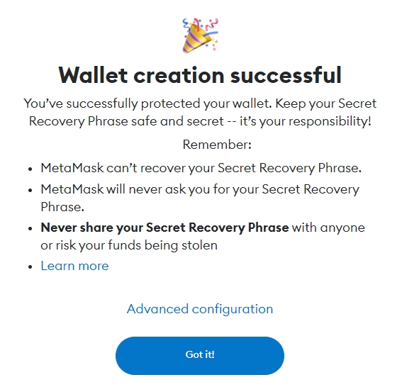 MetaMask wallet created succesfuly